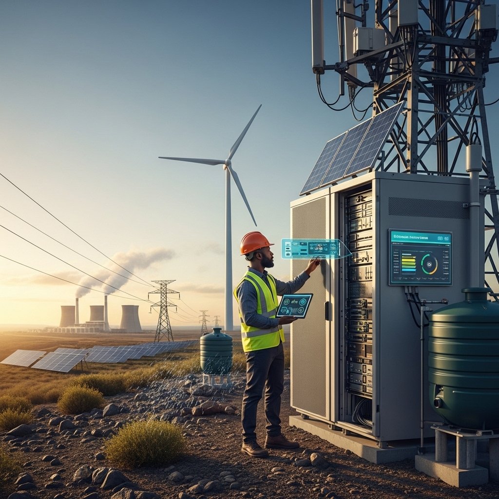 A technician checking telecom and solar-powered equipment beside a mast at sunset